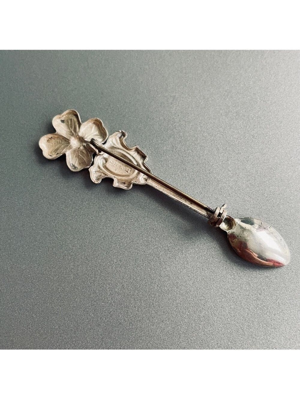 Lucky Four Leaf Clover Art Deco Spoon Antique Vtg Sterling Silver Pin Br… - Picture 5 of 7